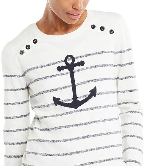 Nautica Women's Voyage Long Sleeve 100% Cotton Striped Crewneck Sweater-Size L - Picture 1 of 3